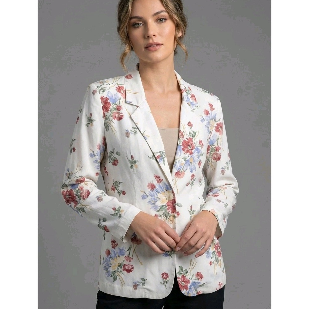Vintage Floral Blazer Jacket Medium White Rayon Blend‎ Made in USA Cottagecore